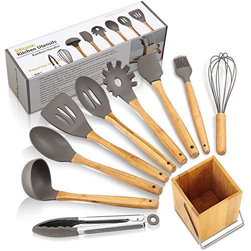 10PCS Of ZT_YIMO Silicone Cooking Utensils Set Kitchen Utensile, Premium Kitchen Gadget With Bamboo/Wooden Handle, Cooking Tool Set For Nonstick Cookware – Grey/with Holder
