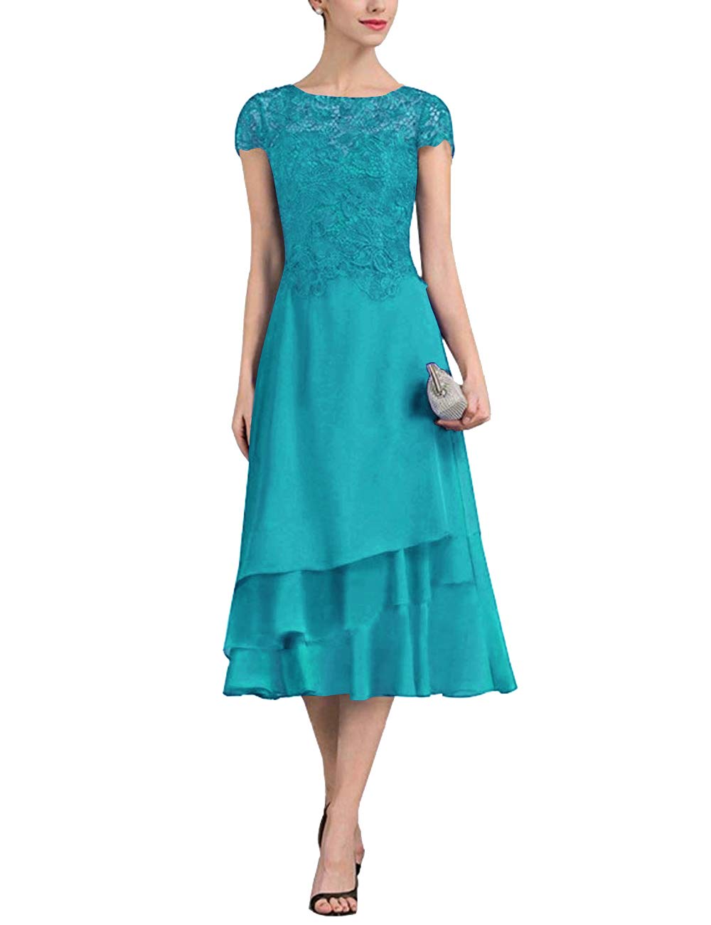 Tea Length Mother of The Bride Dresses Lace Evening Formal Gowns Short