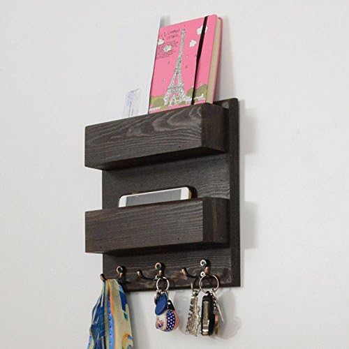 Woodymood Double Side Wall Organizer Shelf, Key Rack,Key Hooks, 2 pockets, Mail pocket W:12'' L:2.9'' H:12'' (Dark Natural)