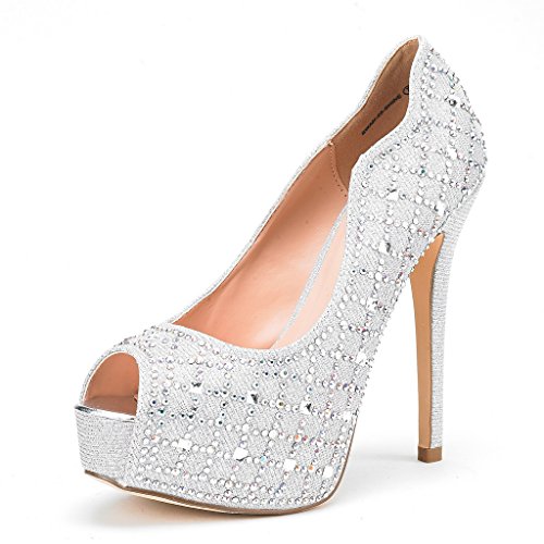 DREAM PAIRS SWAN-25 New Women's Rhinestones Studs Peep Toe High Heel Platform Pump Shoes SILVER SIZE 8