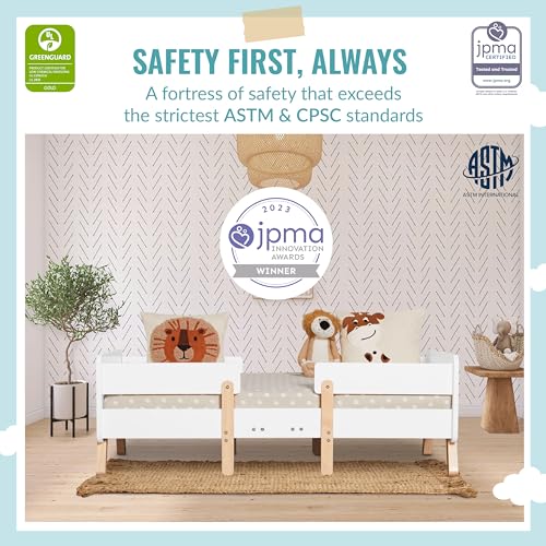 Dream On Me Osko Convertible Toddler Bed Made with Sustainable New Zealand Pinewood in White and