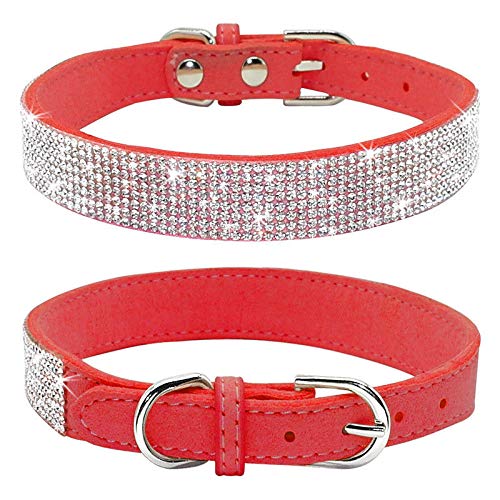 Haoyueer Rhinestone Dog Collar, Cute Dazzling Sparkling Soft Suede Leather Dog Cat Rhinestone Collar Crystal Diamond Pet Dog Puppy Collar (M, Red)