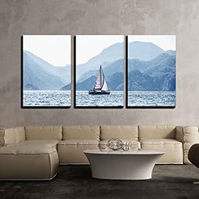 3 Piece Canvas Wall Art - Beautiful Sea Landscape, Sailboat Sailing on The Distance - Modern Home Art Stretched and Framed Ready to Hang - 16"x24"x3 Panels