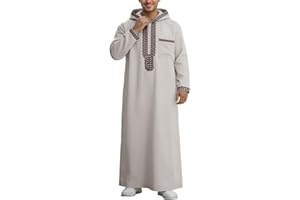 Men's Thobe Kaftan Soft Long Sleeve Hooded Robe Comfortable Muslim Clothes for Eid Casual Wear
