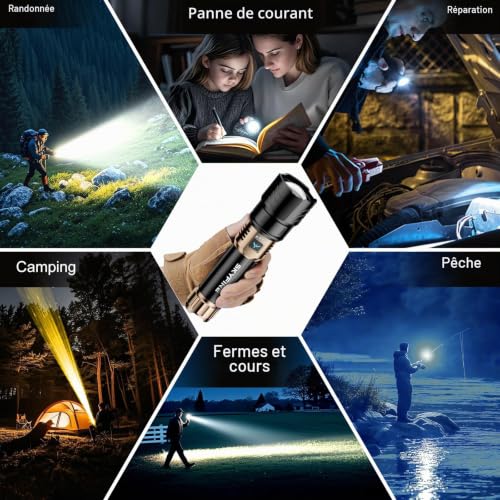 SKYFIRE Ultra Powerful 50000 Lumens Rechargeable LED Torch with Fire Starter & 3 Lenses, 10000mAh Zoomable USB-C 4 Modes IPX6 Waterproof for Camping Hiking Emergency Gift Men