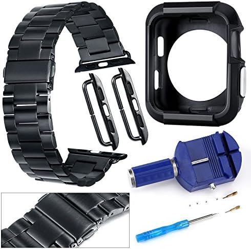 Band &amp; Bumper [42mm] for Apple Watch - Black Stainless Steel Replacement Link Strap [Series 1 &amp; 2 Compatible] - Classic iWatch Wristband with Double Button Folding Clasp