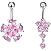 Niaspi Dainty Flower Belly Button Ring for Women CZ Crystal Dangle Flower Charm G23 Titanium Belly Curved Navel Barbell Rings Piercing Body Jewelry