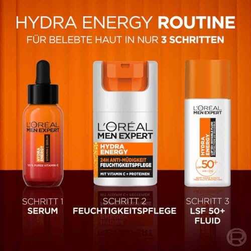 UV Sonnenschutz LSF 50 für Männer, Invisible Fluid für das Gesicht gegen Sonnenstrahlen, Herren Sonnencreme SPF 50+ gegen Hautalterung mit Vitamin C, Hydra Energy, 1 x 50 ml