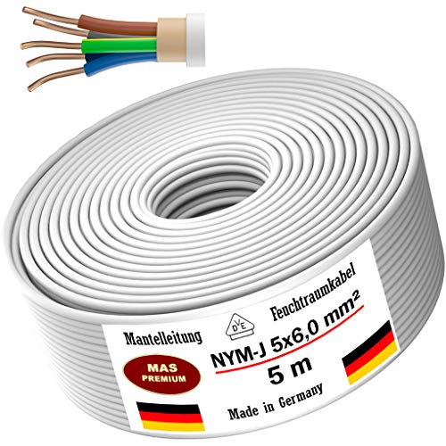 Feuchtraumkabel Stromkabel von 5m bis 50m Mantelleitung NYM-J 5x6 mm² Elektrokabel Ring für feste Verlegung (5m)