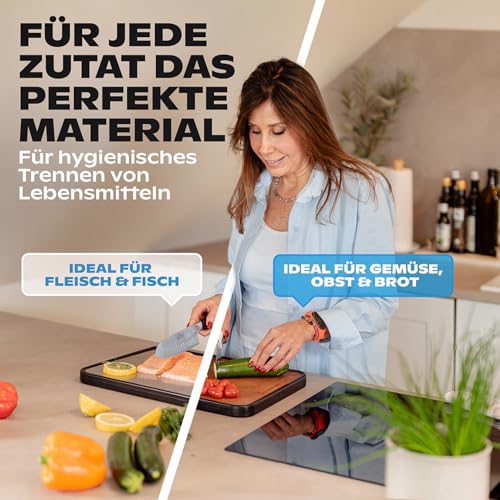 Double Sided Chopping Board Wood & Stainless Steel - 2-in-1 Kitchen Board | Non-Slip Cutting Board, Large with Juice Groove & Non-Slip Frame | Schneidewerk