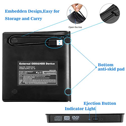 External CD Drive - [Updated Version] USB 3.0 Portable CD/DVD/-RW Drive Slim DVD/CD ROM Rewriter Burner Writer, High Speed Data Transfer for Laptop/Macbook/Desktop/MacOS/Windows10/8/7 (Black) - Thumbnail 5