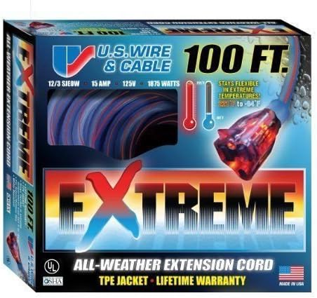 US Wire 99100 123 100-Foot SJEOW TPE Extreme Weather Ext Cord with Lighted Plug