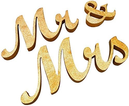 Leofan Large Vintage Exquisite Natural Mr & Mrs Signs Elegnat Wooden Freestanding Letters For Wedding Sweetheart Table or Receptions Table Decorations Welding Planner (Gold Glitter)
