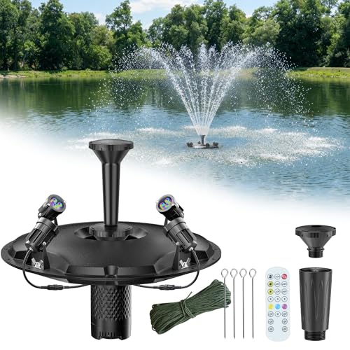 POPOSOAP Floating Pond Fountain & Aerator Complete Kit with LED Lights, 4500 L/h Water Pump, 9m Power Cord, 3 Spray Styles for Ponds, Pools, Lakes & Water Gardens