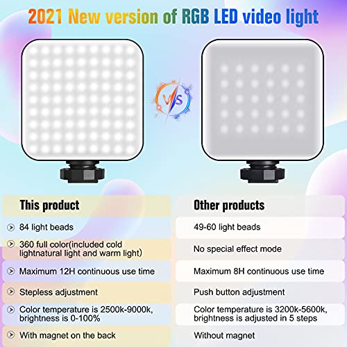 Vanpaga RGB LED Video Lights Atmosphere lamp, Magnetic LED Camera Lights 360° Full Color Portable Photography Light 3 Cold Shoe, Rechargeable 2500mAh 2500-9000K Dimmable Fill Light Panel Lamp CRI 95+