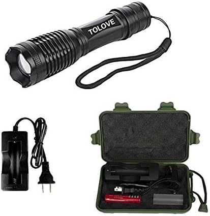 TOLOVE Tactical Flashlight Brightest LED Flashlight, 5 Modes Zoomable Focus, Waterproof with 18650 Rechargeable Battery &amp; Charger