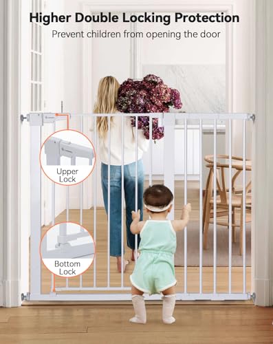 COMOMY Dog Gate 36" Extra Tall, 75-117cm Large Width Baby Safety Gate Automatic Closing, Durable Child Safety Barrier for Stairs, Pressure Mounted, White
