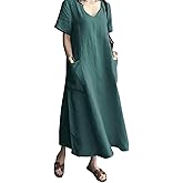 AUDATE Women's Maxi Dress Solid Plus Size Loose Cotton Linen Long Dresses with Pockets