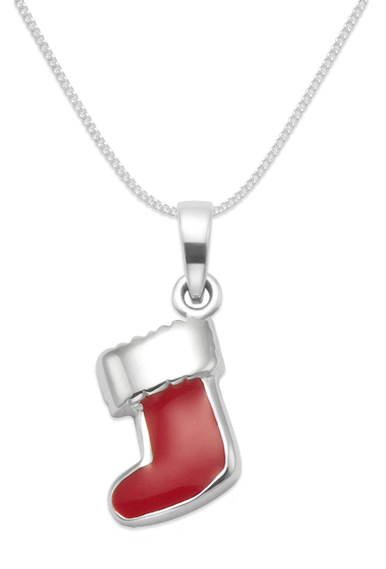 Sterling Silver Childrens Red Christmas stocking Necklace on 15" Silver chain - Red enamel and silver Santa Stocking - SIZE: 7mm x 10mm plus the ring Gift boxed 4981