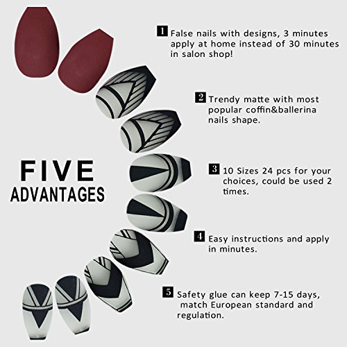 Coffin False Nails with Design Matte Nails 24 Pieces Full Cover Girls Ballerina Fake Nails