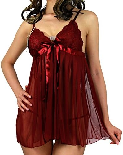 Agegg Women Sexy Nightwear Lace Splicing Chiffon Dress Sleepwear Babydoll