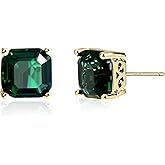 Desnuage Gold Princess Cut Emerald Stud Earrings for Women - Hypoallergenic Vintage Gemstone Earrings