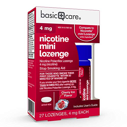 Basic Care Mini Nicotine Polacrilex Lozenge 4 mg (nicotine), Cherry Ice Flavor, Stop Smoking Aid, 27 Count