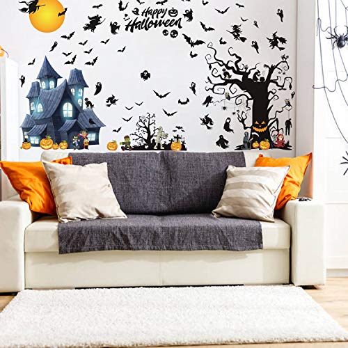 Jeicy 57"x98" Happy Halloween Wall Decals Pumpkins Spooky Cemetery Witch and Bats Tomb Wall Stickers for Halloween Decoration Super Size