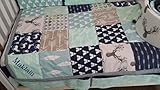 Woodland 1 to 4 Piece baby boy nursery crib bedding Quilt, bumper, and bed skirt, Buck, deer, fawn, head silhouette, Arrow, Teepee, Aztec, Navy, Mint, Gray, Lt Blue