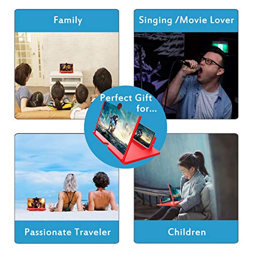 Screen Magnifier -12 Inches 3D HD Cell Phone Magnifying Projector Screen Accessories for Videos, Movies, and Games, Foldable Phone Stand with Screen Amplifier, Compatible with Any Smartphones (Red)