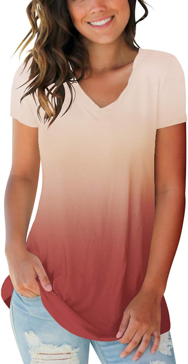 Womens Summer Tie Dye Short Sleeve T Shirts Ombre V Neck Tops Loose Fit S-3XL