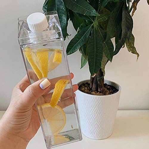 Clear Milk Carton Water Bottle Creative Square Transparent Cup + Straw + Storage Bag (17 oz)