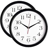 Bernhard Products - Black Wall Clocks, 2 Pack Silent Non Ticking 10 Inch Quality Quartz Battery Operated Round Easy to Read Home/Office/School Clock (Black)