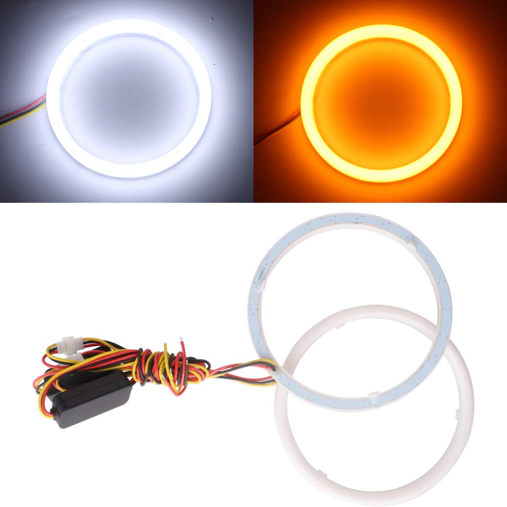 Qasim 1-Pair 110MM White+Amber Switchback 132SMD 4014 LED Halo Ring Angel Eye DRL Fog Light Turn Signal Lamp 12V