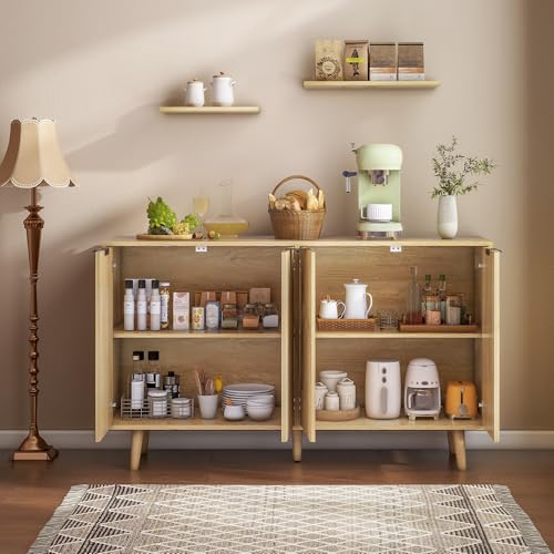 LYNCOHOME Fluted Sideboard Cabinet, Buffet Cabinet with 4 Doors, Kitchen Storage Cabinet with Solid Wood Feet for Kitchen, Dining Room, Hallway, Nature