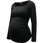 GINKANA Maternity Shirts Square Neck Slim Fit Tee Top Pregnancy Basic Long Sleeve Shirt for Daily Wear