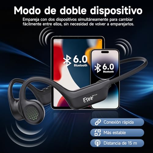 esonstyle Auriculares Conduccion Osea Bluetooth 6.0 – Cascos Conduccion Osea Inalambricos con Micrófono,IPX7 Impermeables Auriculares Deportivos Open Ear para Correr Ciclismo Fitness (Negro)