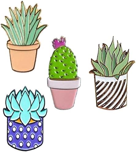 GALLOPJOY Creative Cute Cactus Lotus Flower Grass Aloe Vera Potted Badge Corsage Collar Brooch Pins ,Pack of 4