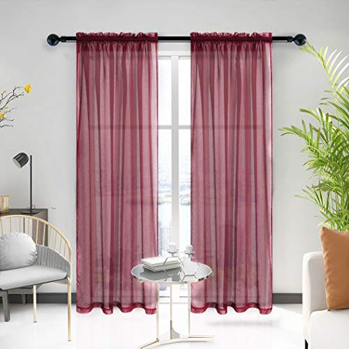 Anjee Sheer Window Curtains, Rods Pocket Voile Fabric Drapes/Panels/Treatments for Living Room/Kitchen/Bedroom, 52” x 96”, Set of 2, Red.
