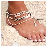 Aukmla Beaded Tassel Anklet Boho Summer Foot Chain Fashion Ankle Bracelet for Women Barefoot Sandal Beach Jewelry Adjustable (Silver)