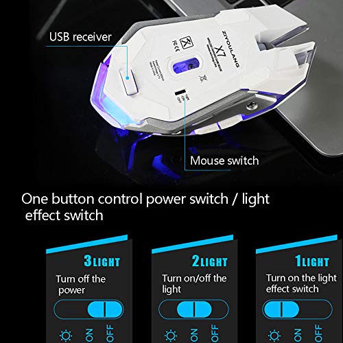 Rechargeable Wireless Mouse Silent 1600DPI 6 Buttons Breathing Blacklit Led Ergonomic Shape with AutoFire Keys (White)
