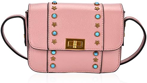 Dexmay Womens Pink Cowskin Leather Crossbody Bag with Star Studded &amp; Emerald Stone Messenger Shoulder Handbag Purse