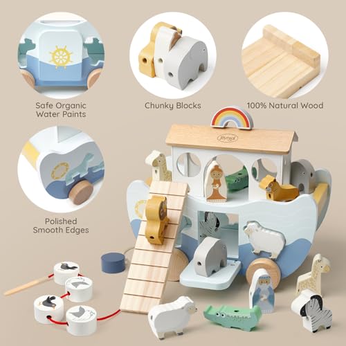 Joyreal Noah's Ark Wooden – Christening Gifts for Girls Boys Children, Gift Christening, Montessori Toy from 1 2 3 Years, Wooden Toy with Farm Toy Sorting Stack