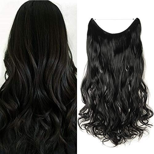 Silk-co 24in Wire in Hair Extension Black One Piece Hidden Wire on Curly Hairpiece Extensions Invisible Heat-Resistant