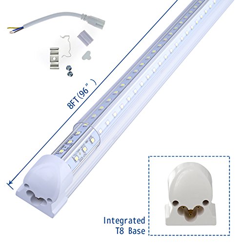 8FT Integrated LED Tube Light V Shape 72W (150W Fluorescent Equivalent), Works without T8 Ballast, Plug and Play, Clear Lens Cover, Cold White 6000K Pack of 6