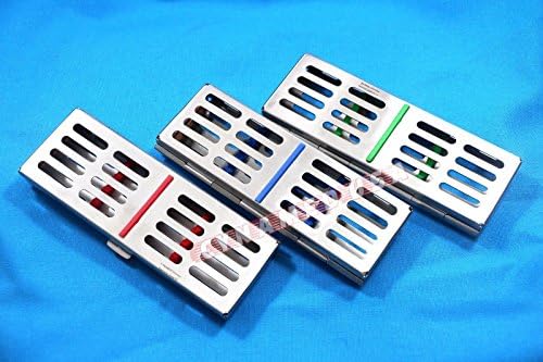 German Stainless 3 Dental Sterilization Cassette Rack Tray Box for 5 Surgical Instruments Set of 3 Each Colored