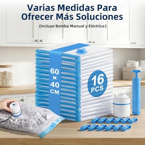 16 Piezas 60x40 cm Bolsas de Almacenamiento de Vacío con Bomba Eléctrica,Bolsas al vacio ropa viaje,80% de Ahorro de Espacio,Compresión rápida en 30s, Reutilizables, Almacenar Edredones,Cobertores