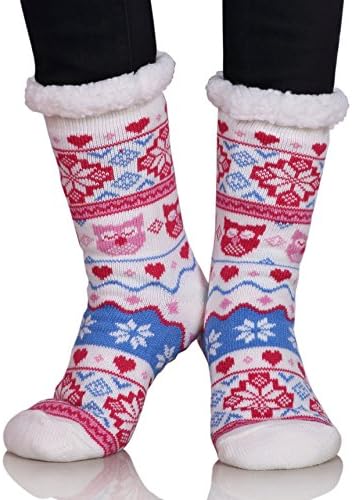 Dosoni Women's Owl Snowflake Fleece Lining Knit Slipper Socks Christmas Knee Highs Stockings (White)