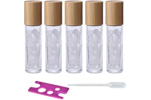 USROMMANER 5 Pack 10ml Clear Roll On Bottles With Natural Chakra Crystal Chips for Essential Oils,Perfume Glass Roller Bottles Container Bamboo Lid,Crystal Roller,Pipette&Opener Included (Clear Crystal)