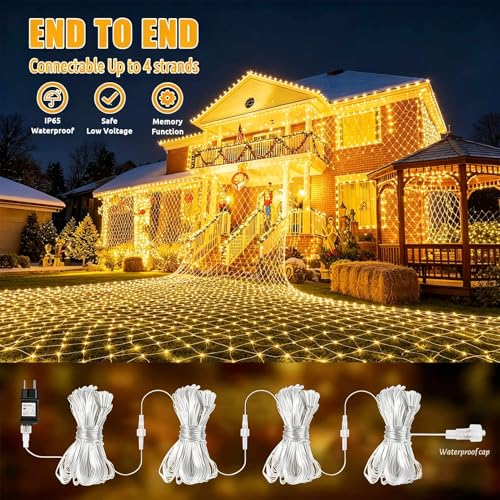 Joycome Outdoor Christmas Light Net 3 x 2 m 200 LED Net Lights with Plug, Timer, 8 Modes Christmas Tree Lights Waterproof Light Curtain for Balcony Garden Ceiling Terrace – Warm White